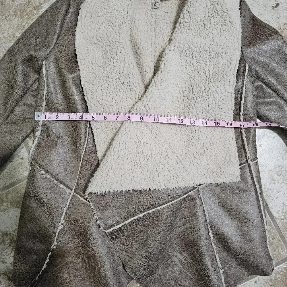 Forever 21 Faux Leather Sherpa Jacket S Brown Shearling Moto Drape Y2K Glam - Picture 11 of 11